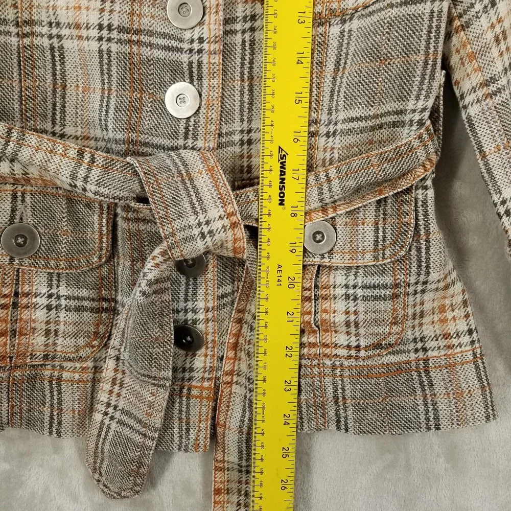 Fillmore Jacket Medium Brown Plaid 100% Linen Belted 70's Pockets Hippie‎ Retro